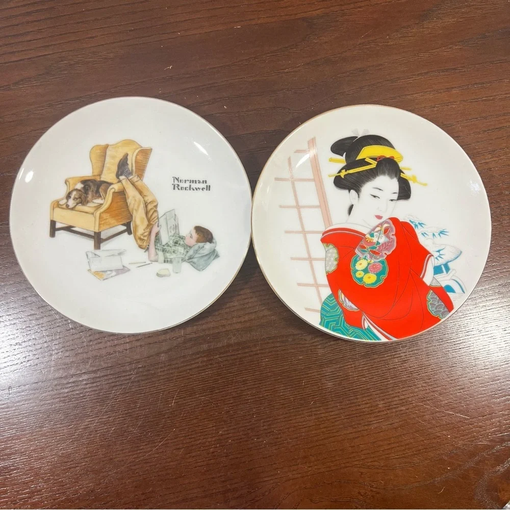 Norman Rockwell & Japanese Geisha Designs Decorative Collector Plates Vintage 80
